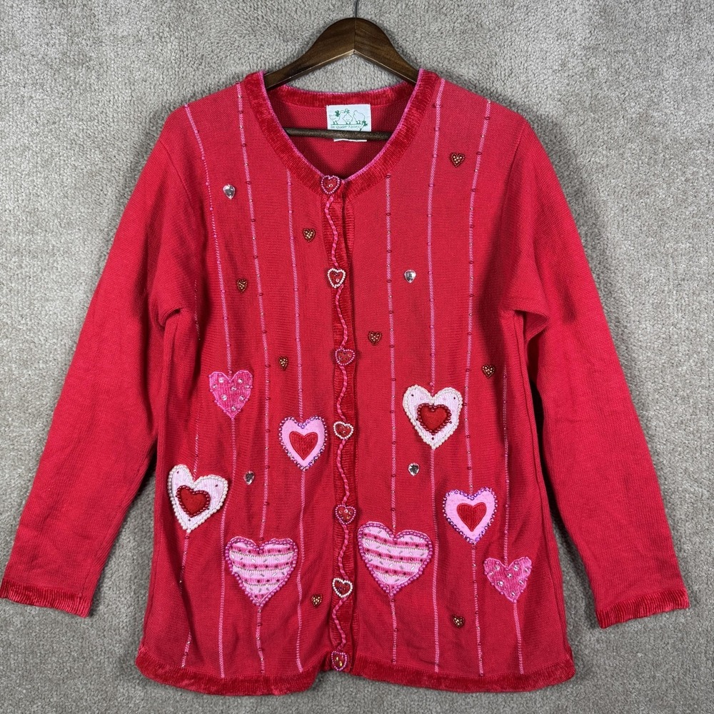 Quacker Factory Cardigan Sweater Womens Medium Red Beaded Heart Love Holiday